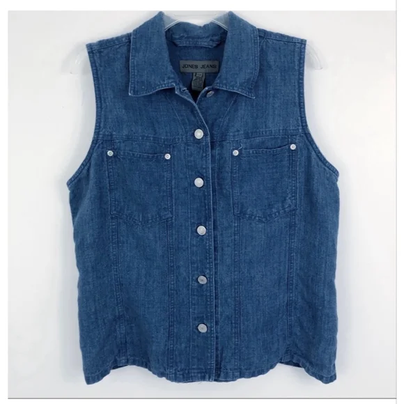 Jones Jeans 100% Linen 2-Pc Outfit Denim Vest Top 14W & Painter Pants 16 - Picture 2 of 9